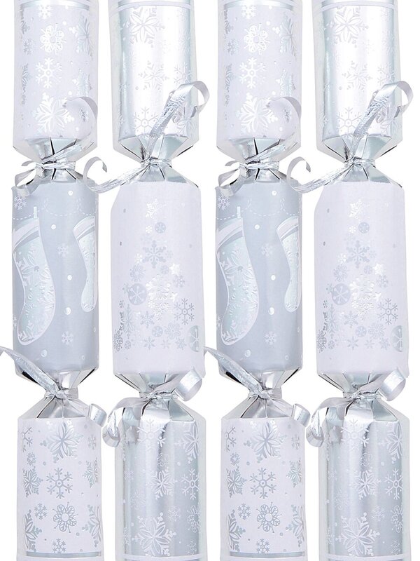 100x White & Grey Snowflakes & Stockings Christmas Bon Bons (Crackers) | 24cm
