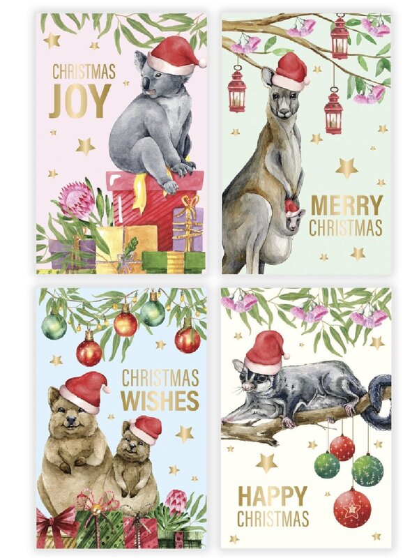 10x Australiana Native Animals Christmas Cards With Gold Foil | 17cm