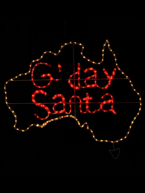 1.1m G'day Santa Aussie Map With Neutral White & Red LED Rope Light Display