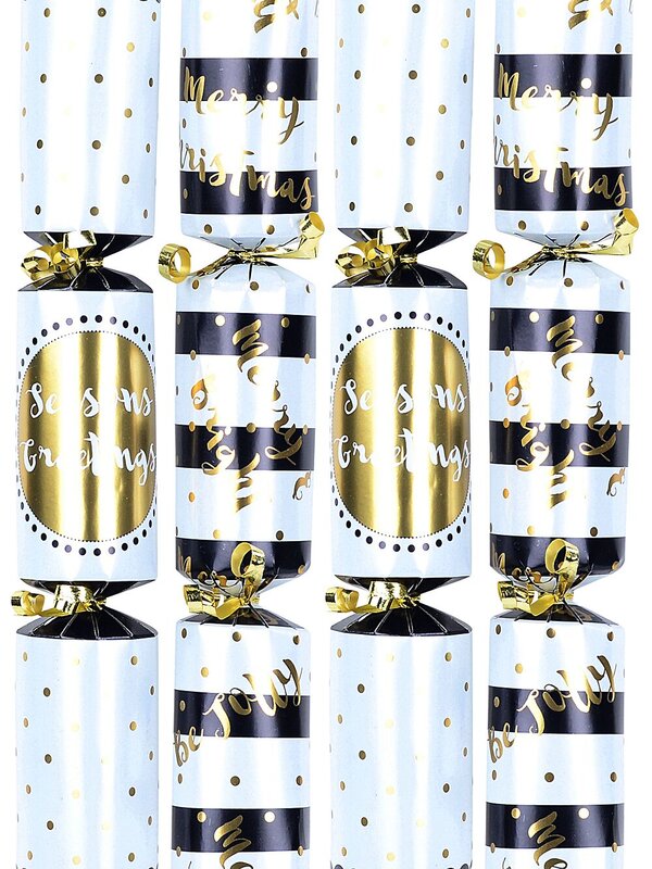 12x 29cm Christmas Text On Black & White With Shiny Gold Cracker Bon Bons
