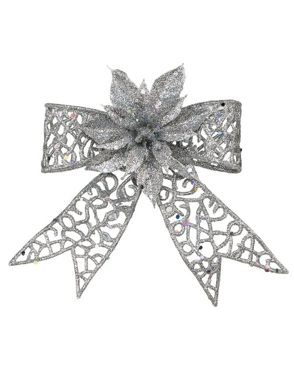 Silver Mesh Poinsettia Flower & Ribbon Christmas Bow Clip Pick | 13cm