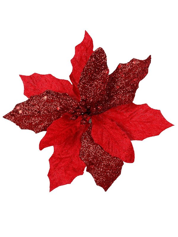 Red Fabric & Glitter Bracts Poinsettia Christmas Tree Stem Pick | 15cm