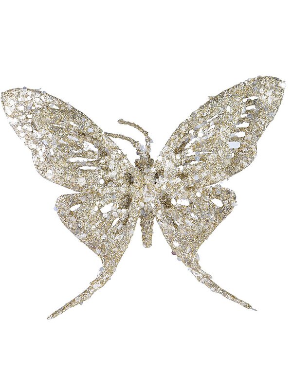 16cm Champagne Butterfly With Glitter & Flecks Christmas Tree Clip Pick