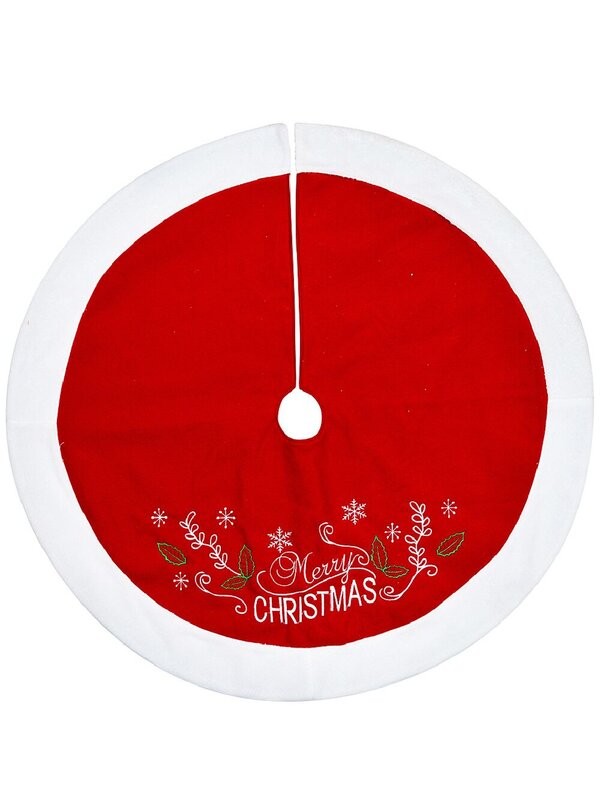 1m Red Fleece & White Faux Fur Embroidered Foliage Christmas Tree Skirt