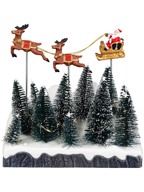 Animated Flying Santa Sleigh Over Snowy Forest With LED Lights | 21cm