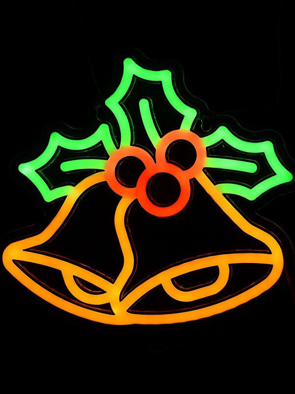 24cm Christmas Bells Holly & Berries Neon LED Light Display On Acrylic Board