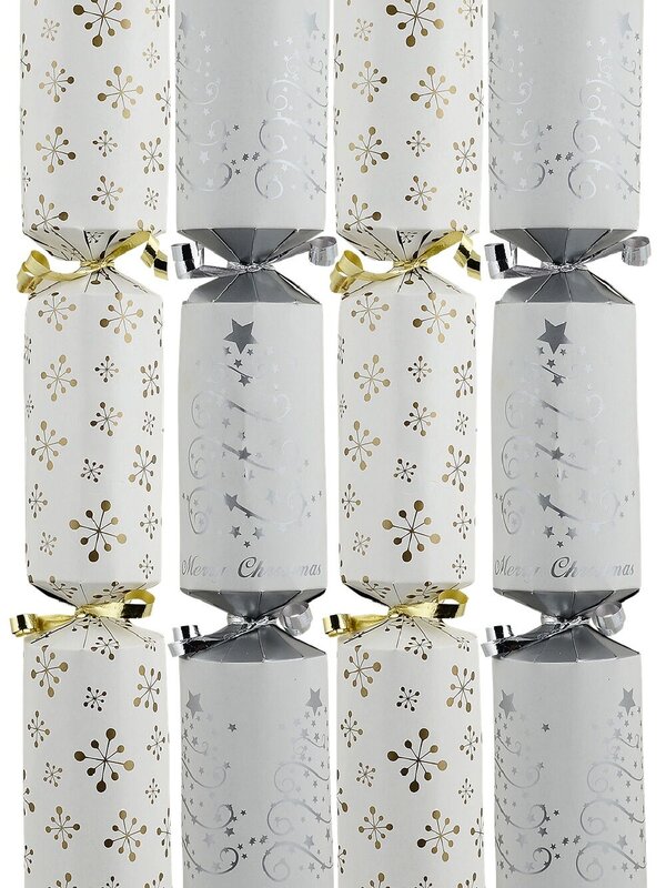 50x Matte Gold Stars & Silver Trees White Christmas Bon Bons (Crackers) | 31cm