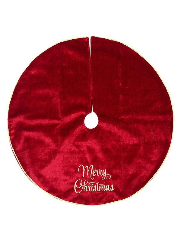 1m Deep Red Velvet & Gold Merry Christmas Embroidered Tree Skirt