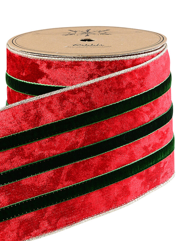 Wired Red & Green Striped Velvet Ribbon Extra Wide Garland | 5m x 10cm