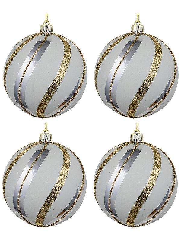 4x Whimsical White Silver & Gold Signature Swirl Baubles | 10cm