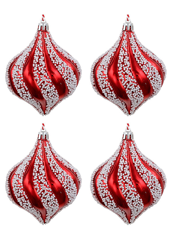 4x Classic Glossy Red & White Signature Bead Spiral Onion Finial Drops | 80mm