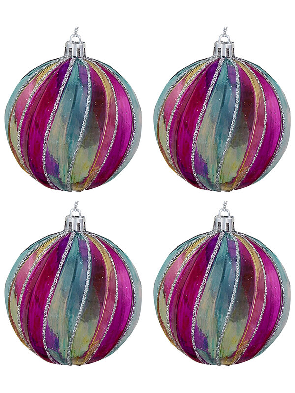4x Whimsical Jewel Tone Iridescent Signature Spiral Silver Grid Baubles | 80mm