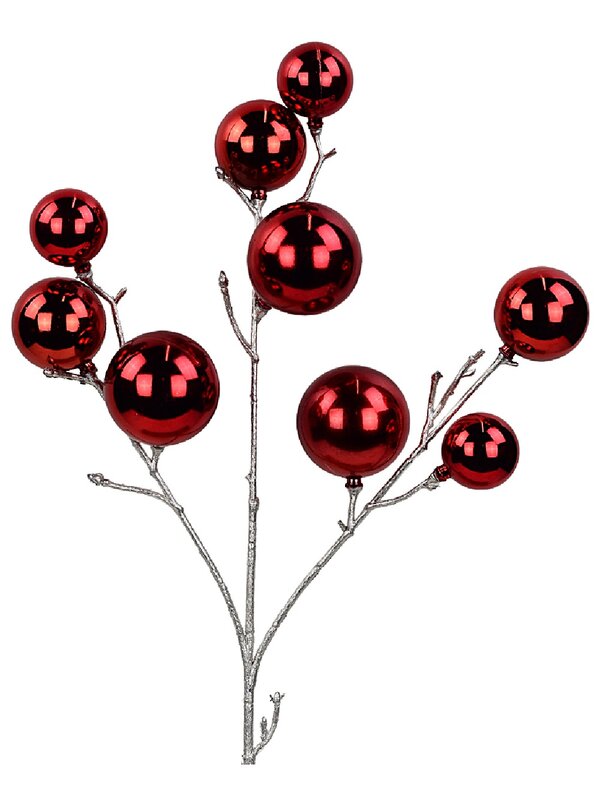 Shiny Electro Red Bauble Christmas Spray Pick With Matte Silver Branches | 52cm