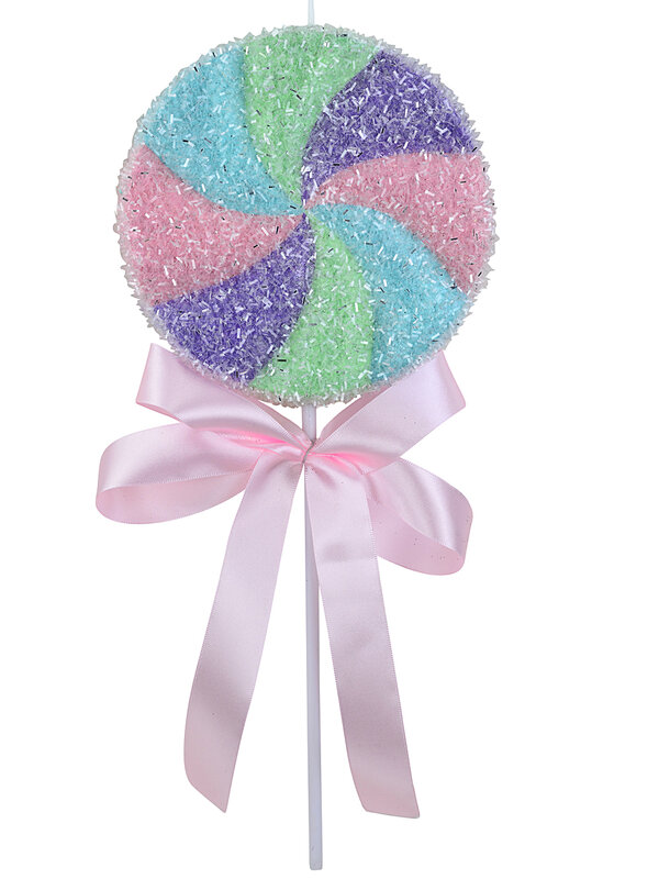 Pastel Rainbow Swirl Peppermint Lollipop Stem With Pink Satin Bow | 35cm