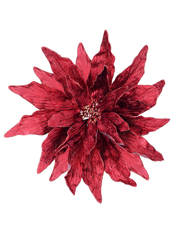 Regal Wine Red Crushed Velvet Slender Leaf Poinsettia Clip Stem | 40cm