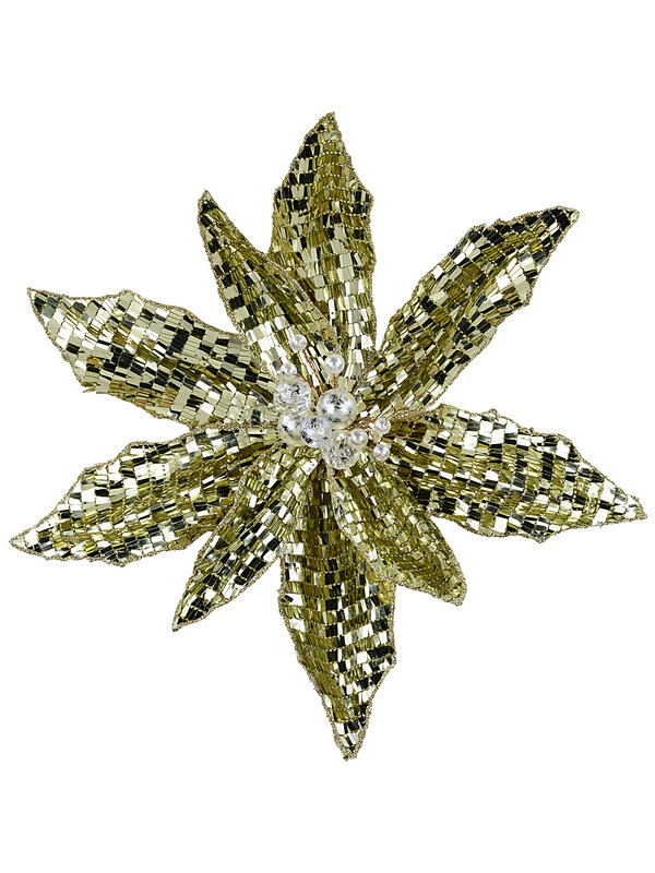 Champagne Gold Disco Sequin & Pearl Poinsettia Christmas Clip Stem | 30cm