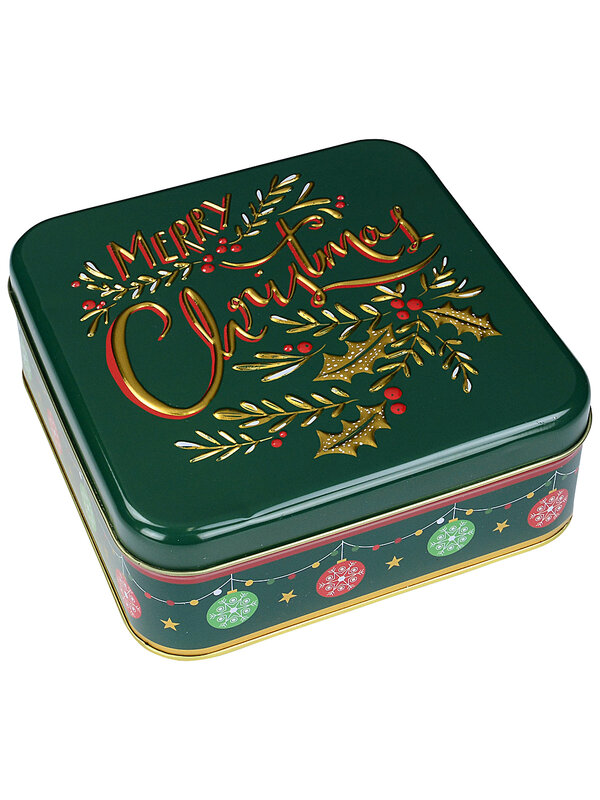 Green Merry Christmas Cookie Tin | 17cm Festive Gift Box With Gold Holly Detail