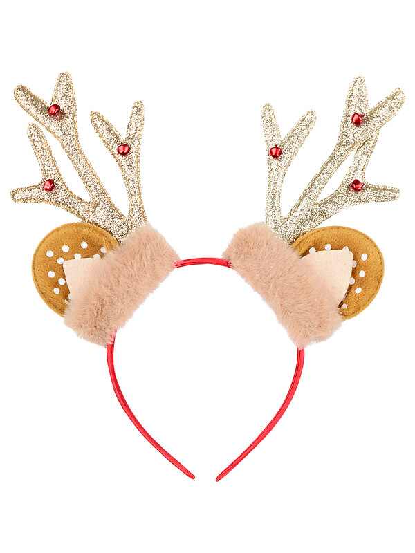 Gold Glitter Antlers Headband With Spotted Ears & Jingle Bells | One Size
