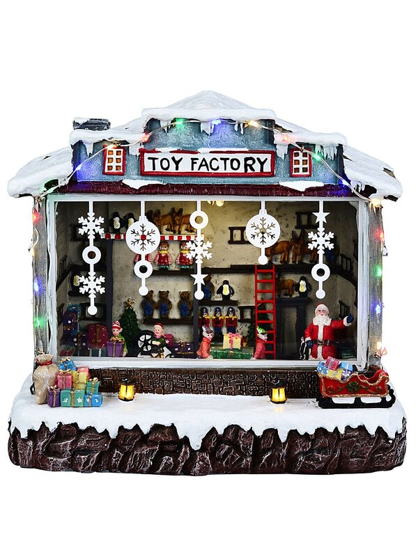 26cm Santa Toy Factory With Animated Elves LED Christmas Village Scene