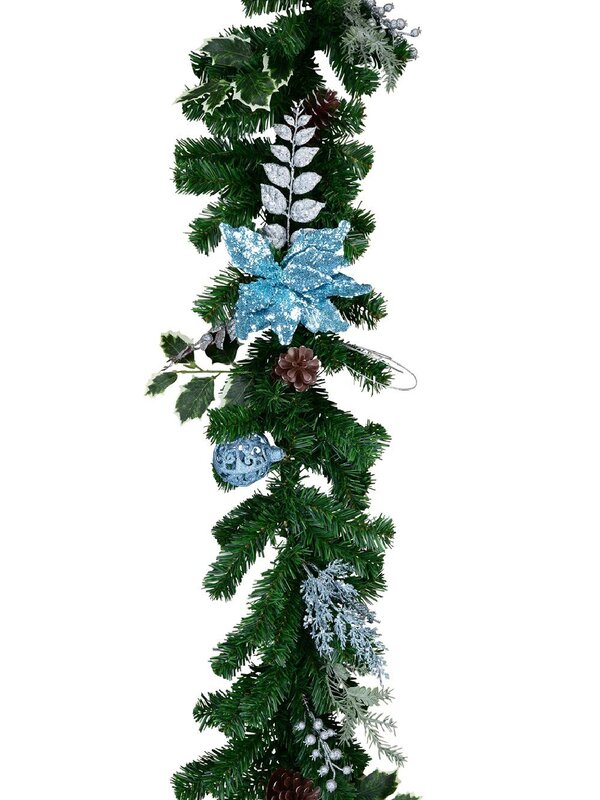 2.7m Decorated Blue Poinsettia, Pine Cone, Foliage & Baubles Pine Garland