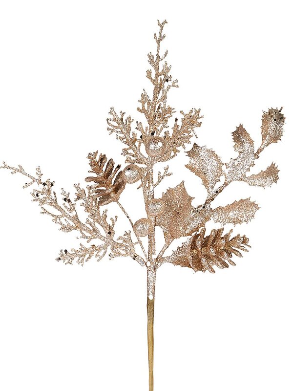 Champagne Mixed Foliage With Pinecone & Berries Christmas Stem Pick | 28cm