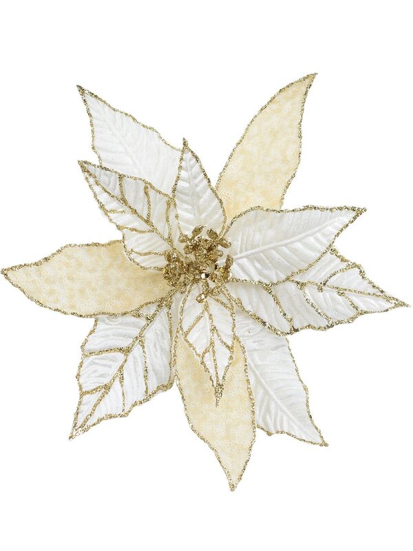 Gold White & Cream Poinsettia Christmas Tree Clip Pick | 28cm