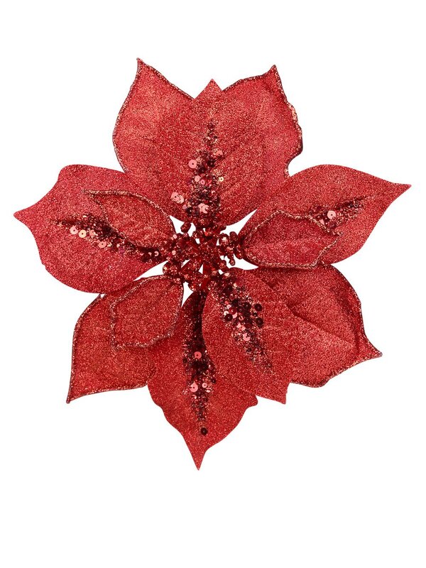 Red Glitter Poinsettia Christmas Tree Clip Pick With Sequins | 28cm