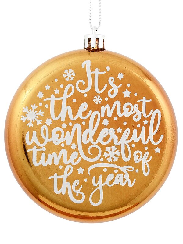 2x 11cm Wonderful Christmas Font On Gold Disc Tree Hanging Decorations