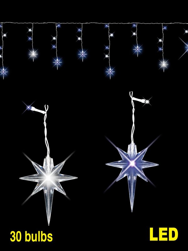 30 Blue & White LED Bulbs Icicle Light With 8 Star Tips - 2m