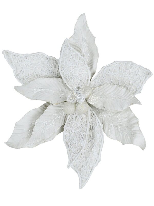 Ivory Web Mesh & Textured Poinsettia Christmas Tree Clip Pick | 30cm