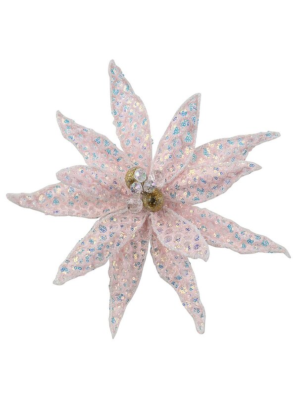 Light Pink Honeycomb Mesh & Sequin Poinsettia Christmas Tree Clip Pick | 30cm