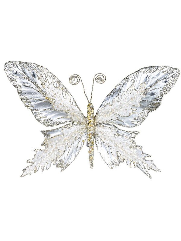 32cm Large Platinum Butterfly With Sheer Wings Christmas Tree Clip Pick