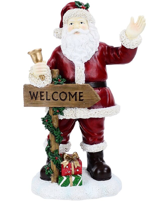 34cm Classic Santa & Welcome Signpost Christmas Resin Figurine