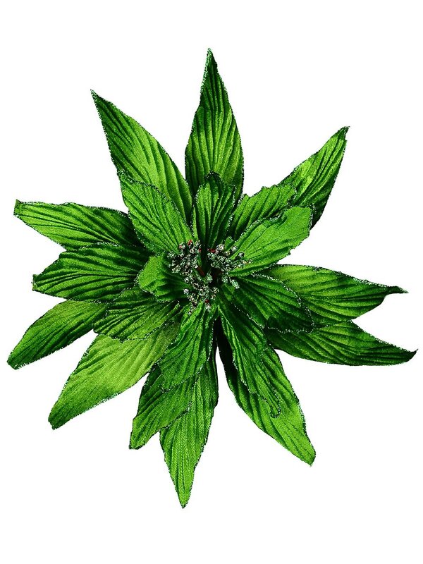 Green Velour Poinsettia With Glitter Christmas Tree Clip Pick | 35cm