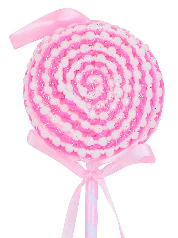 Pink & White Lollipop Swirl With Satin Bow Long Christmas Stem | 38cm
