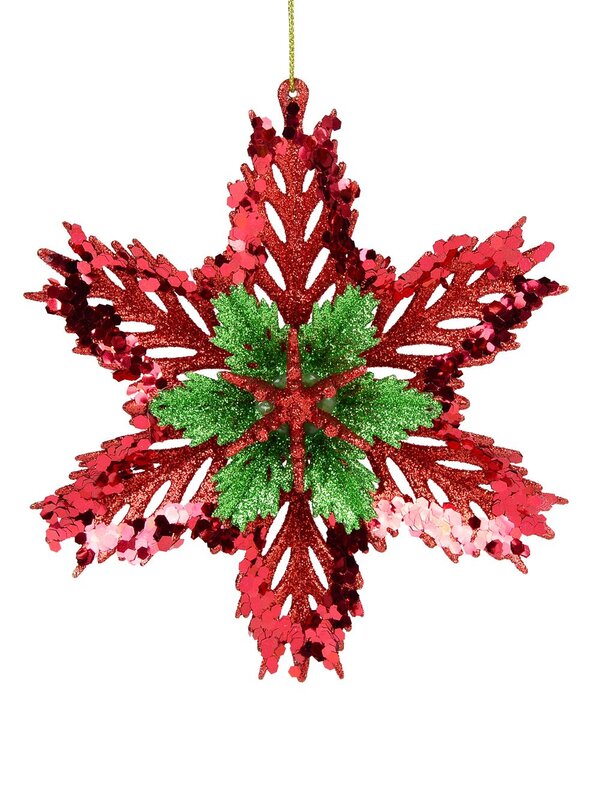 3D Red & Green Snowflake Christmas Tree Hanging Decoration - 15cm