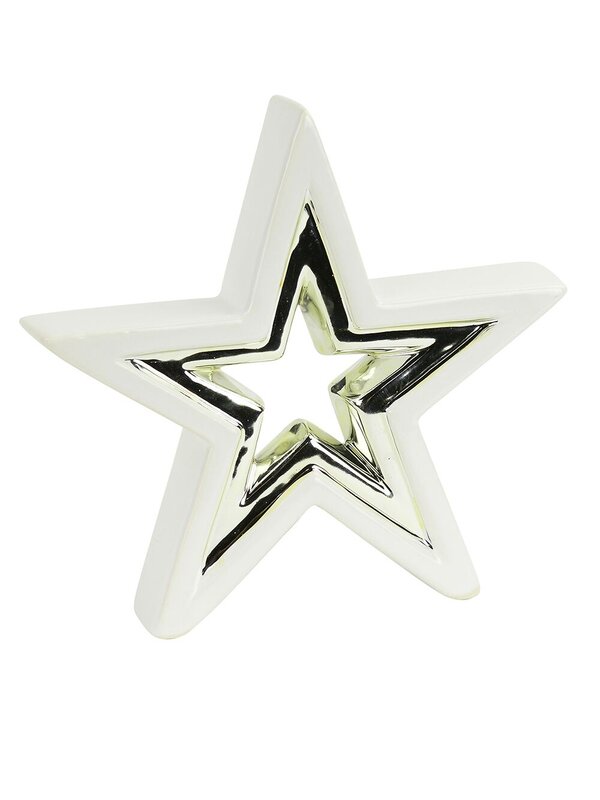 3D White Ceramic Star Ornament With Champagne Accent Stripe - 17cm