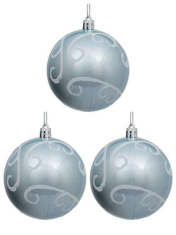 3x Dynamic Ice Blue Statement White Glitter Swirl Baubles | 80mm