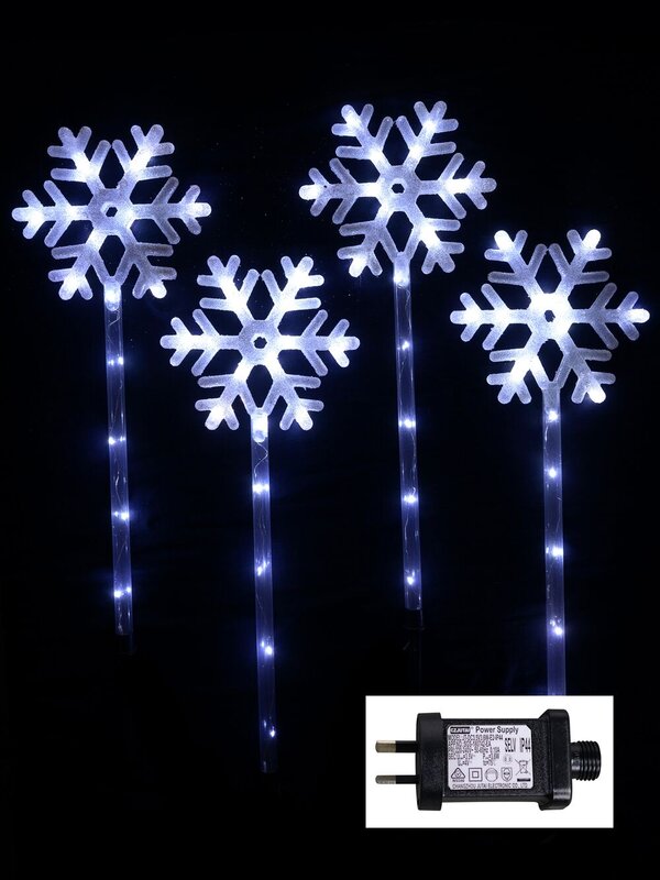 4 Cool White Snowflake Garden Path Lights - 1.5m