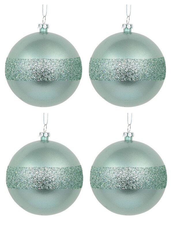 4 x 80mm Mint Pearl Green Christmas Baubles With Laser Glitter Band