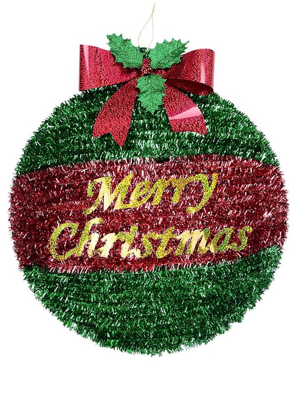 Red & Green Decorated Merry Christmas Bauble Tinsel Plaque Ornament | 43cm