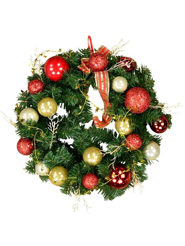 44cm Decorated Red & Gold Bauble, Ribbon & Twigs Fir Wreath