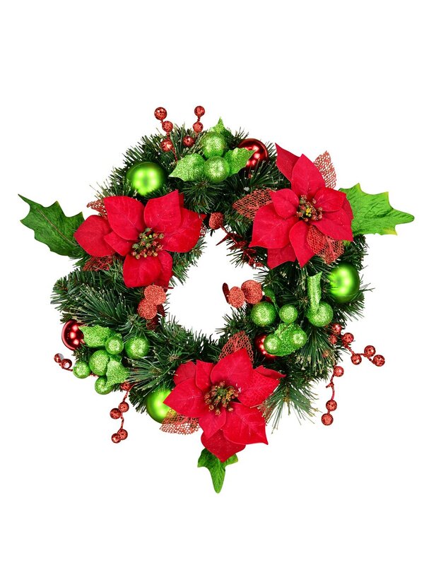 45cm Decorated Spruce Pine Wreath With Poinsettias, Mixed Foliage & Baubles