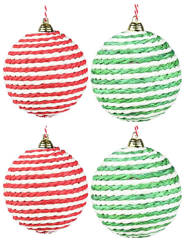4x Authentic Natural, Red & Green Statement Paper Rope Baubles | 80mm