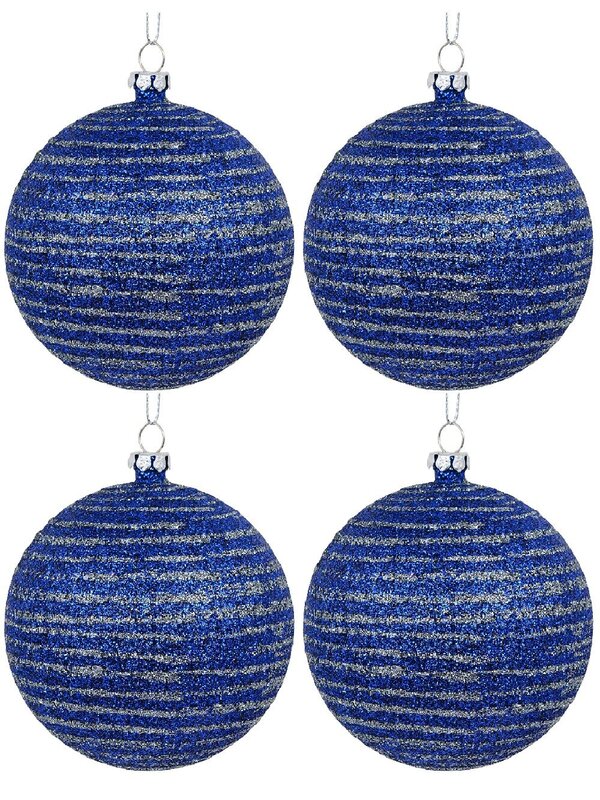 4x Dynamic Blue & Silver Statement Glitter Striped Baubles | 80mm