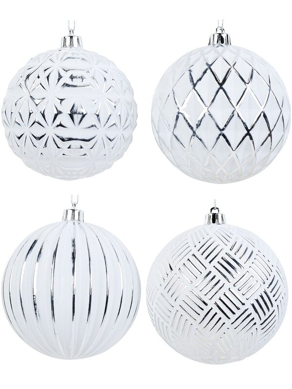 4x Dynamic White & Silver Signature Multi Textured Baubles | 10cm