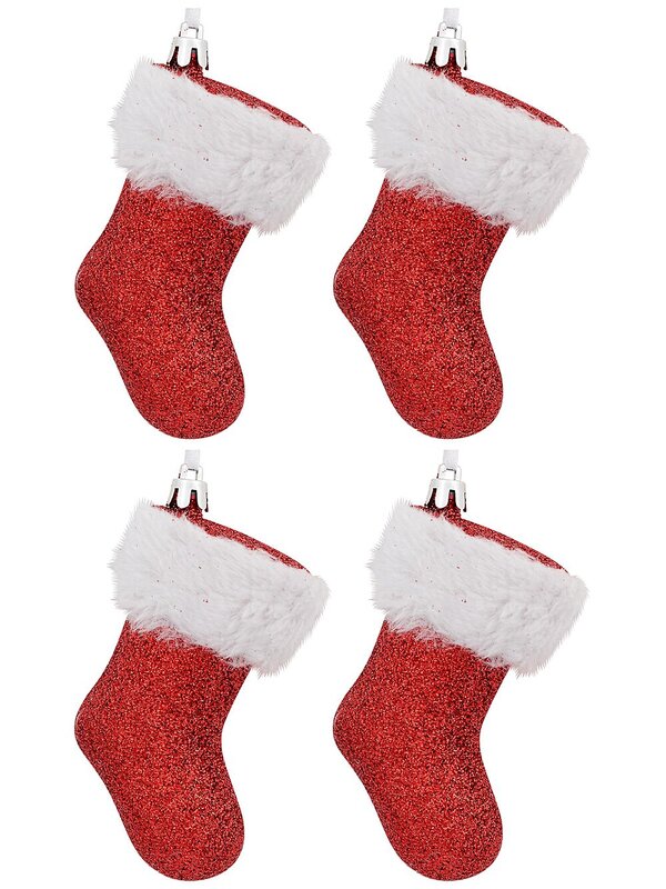 4x Red Glitter Christmas Stocking Whimsical Essential Ornaments | 10cm