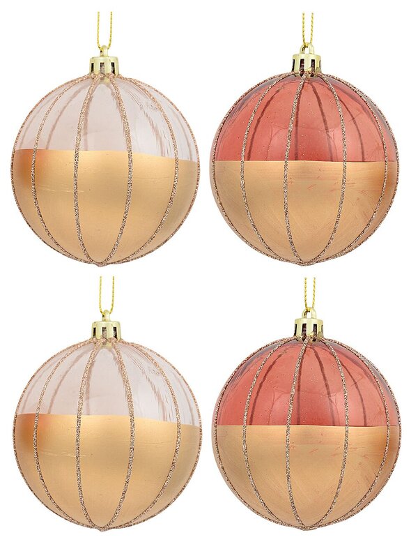 4x Timeless Gold Rose Gold & Clear Statement Glitter Striped Bauble | 80mm