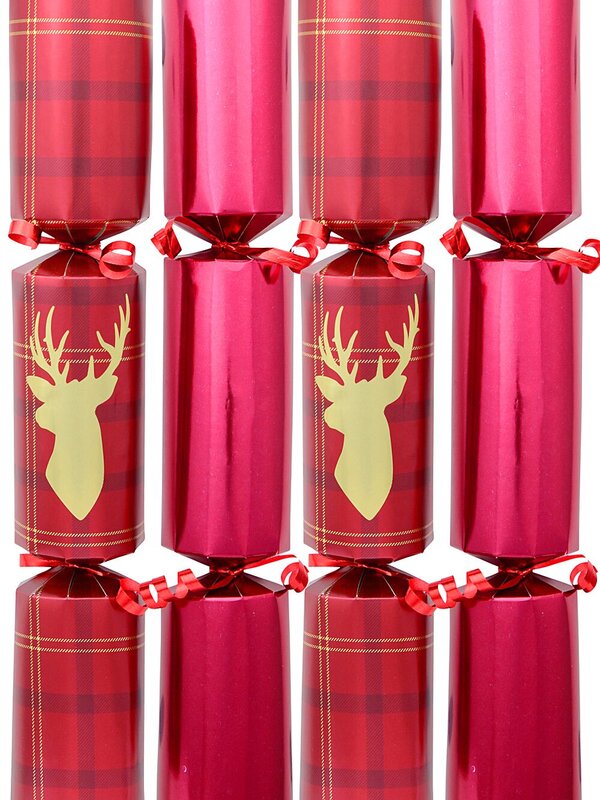 50x Tartan Deer Bust & Burgundy Christmas Bon Bons (Crackers) | 30cm