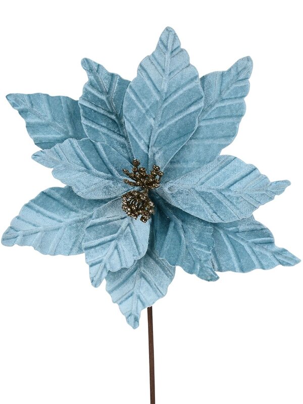 55cm Pale Blue Velvet Poinsettia Flower With Champagne Long Christmas Stem